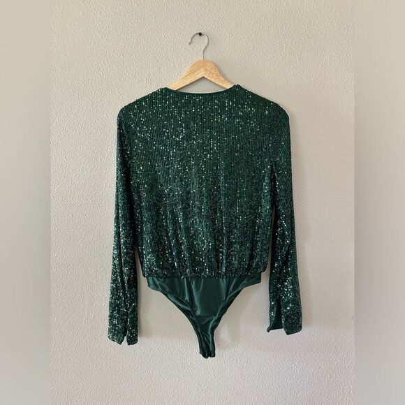 A Loves A Green Sequin Sparkle Cowl Neck Bodysuit Size S - Picture 9 of 9